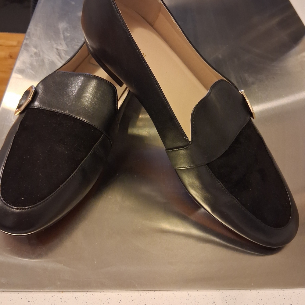 Cole Haan Black Leather and Suede Slip-On Loafers with Gold Accent
